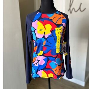 Nautica Womens Long‎ Sleeve Rash Guard UPF 30+ Floral Swim Shirt Navy Small NWT